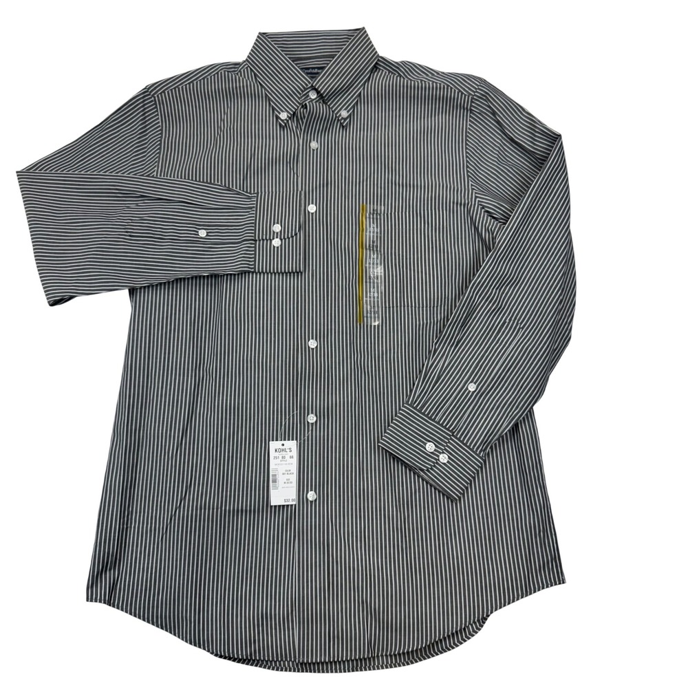Croft & Barrow Mens Dress Shirt M 32/33 Black White Striped Broadcloth Classic
